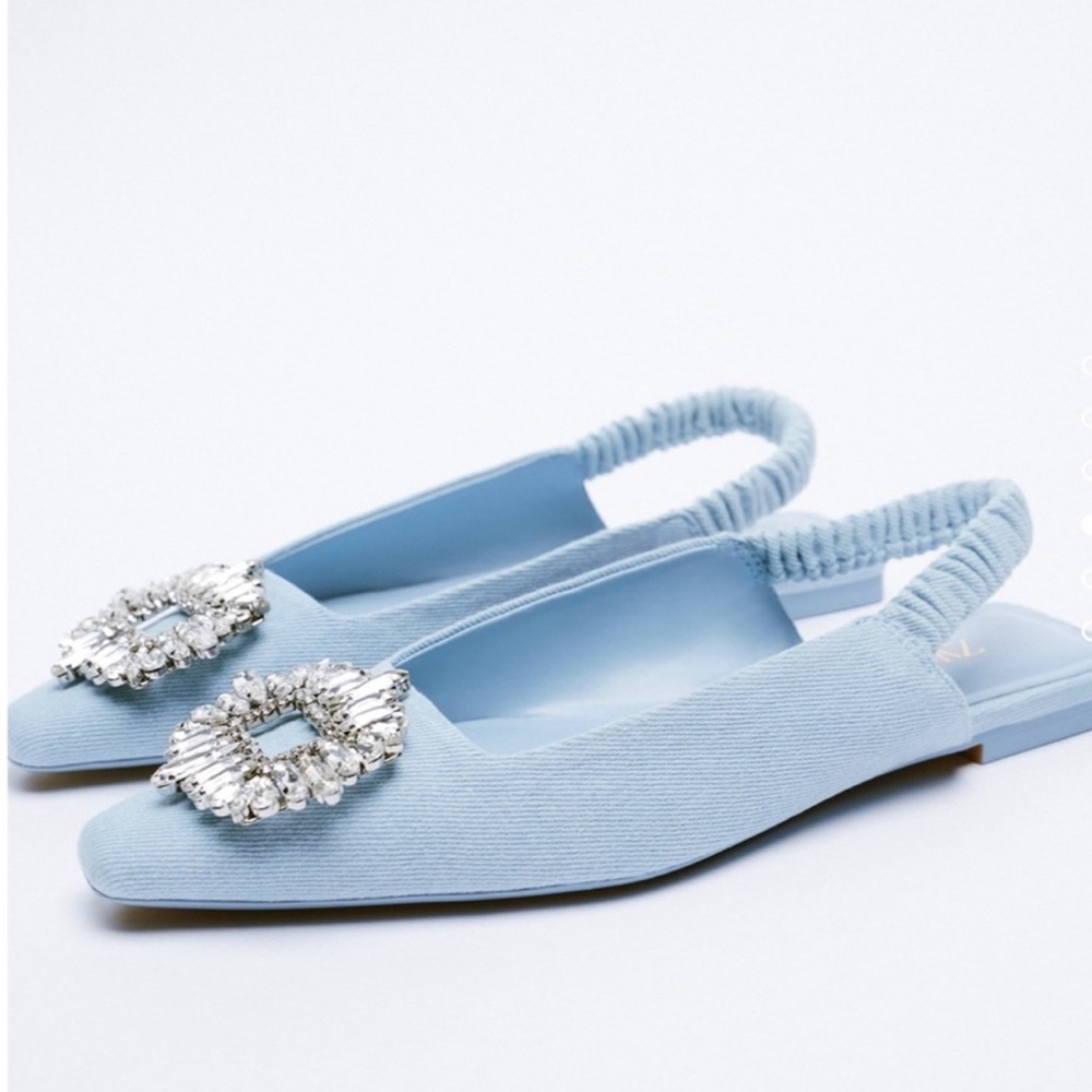 Zara shimmery Denim sling back pointy toe sandal